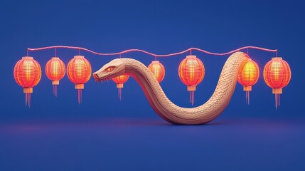 Poster - Wooden Snake Decorated With Red Lanterns