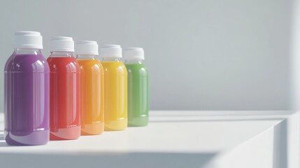 Poster - A row of colorful vegetable juices in clear bottles placed neatly on a modern surface with ample copy space.