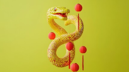 Poster - Yellow Snake Coiled with Red Lanterns Hanging