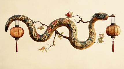 Poster - Artistic Snake Sculpture with Hanging Lanterns and Blossoms