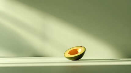 Poster - A single avocado sliced in half, placed on a pastel green background with clean negative space.