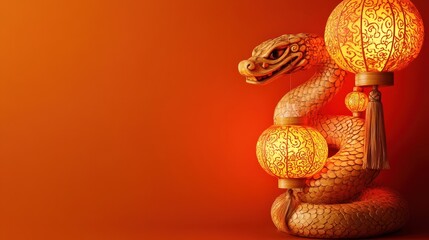 Poster - Wooden Dragon Sculpture with Illuminated Lanterns