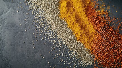 Poster - A vibrant flat lay of colorful spices like cinnamon, turmeric, and cloves arranged on a rustic surface, emphasizing their health benefits, with negative space.
