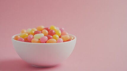 Poster - Bowl of colorful jellybeans placed on a clean pastel background with ample negative space.