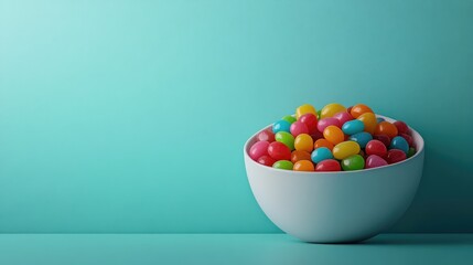 Poster - Bowl of colorful jellybeans placed on a clean pastel background with ample negative space.