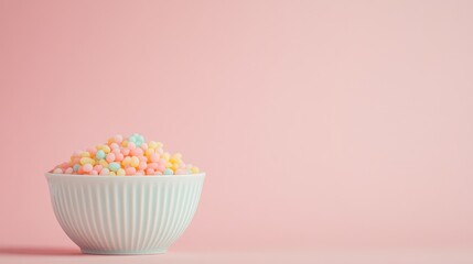 Poster - Bowl of colorful jellybeans placed on a clean pastel background with ample negative space.