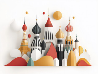 minimalist 3D illustration of Moscow iconic onion domes, featuring vibrant colors and geometric shapes, evokes sense of modern artistry and cultural heritage