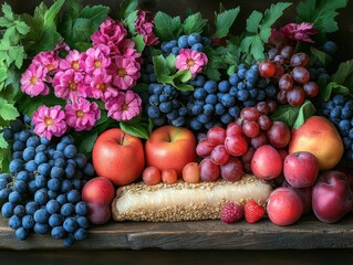 Wall Mural - A vibrant arrangement of fruits and flowers on a wooden surface.