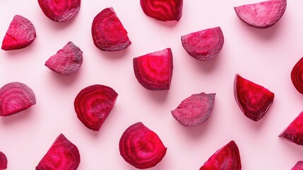 Poster - Overhead view of fresh beetroot slices on a pastel pink background with ample copy space.