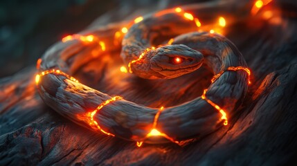 Poster - Glowing Wooden Snake Coiled On Dark Wood