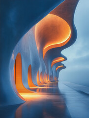 Poster - Abstract Architectural Corridor:  A mesmerizing digital rendering of a futuristic corridor with flowing, organic forms illuminated by warm, inviting orange light.