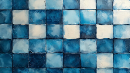 Poster - Abstract Blue and White Tile Pattern: A captivating abstract composition of blue and white tiles, showcasing a mesmerizing interplay of light and shadow. The tiles evoke a sense of depth and texture.