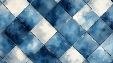 Poster - Blue and White Diamond Tile Pattern: A mesmerizing abstract pattern of blue and white diamond-shaped tiles, creating a captivating geometric design.