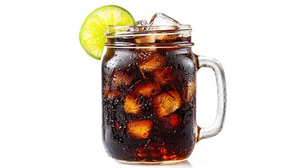 Iced cola drink mason jar, lime, ice, white background, refreshment.