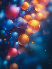 Poster - Abstract Sphere Symphony: A mesmerizing abstract composition featuring iridescent, multi-colored spheres suspended in a vibrant blue, with shimmering lights and a soft, dreamy feel.