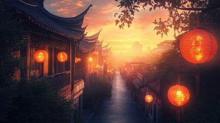 Poster - Illuminated Chinese Street at Sunset Golden Hour