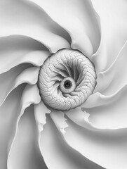 Poster - Swirling Seashell Abstract: A mesmerizing grayscale close-up of a seashell's intricate spiral pattern, revealing nature's elegant geometry and organic forms.