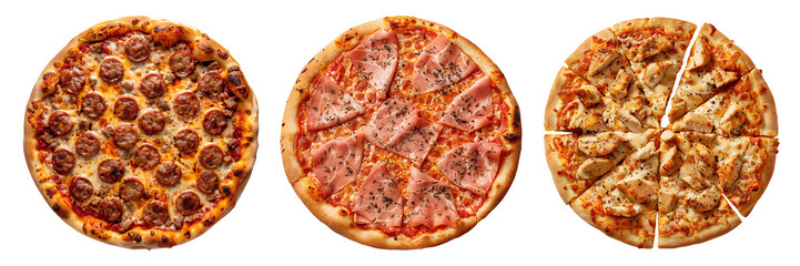 Wall Mural - Set of isolated three whole Sausage, Parma Ham, and Chicken pizza on transparent background in top view.