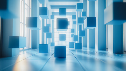 Poster - blue cube abstract: a mesmerizing abstract composition featuring floating blue cubes in a minimalist