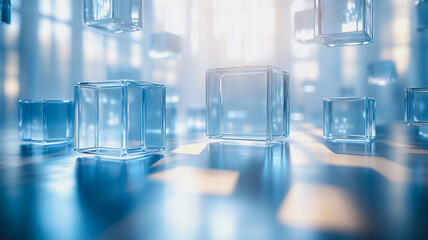 Poster - Crystalline Cubes Abstract:  Floating glass cubes in a futuristic, reflective environment.  A mesmerizing display of light and transparency.