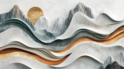 Fototapete - Abstract mountain sun or moon with waves, Beautiful mountain landscape mural, and minimal geometric shape.