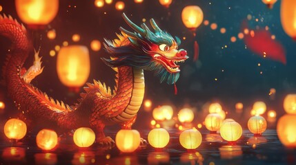 Poster - A majestic red dragon amidst glowing lanterns