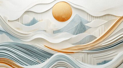 Fototapete - Abstract mountain sun or moon with waves, Beautiful mountain landscape mural, and minimal geometric shape.