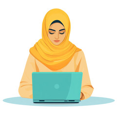Poster - flat design. Woman in Yellow Hijab at Laptop. isolated transparent background