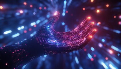 Poster - A close-up of an AI hand reaching out towards the viewer, with digital circuit patterns on its fingers