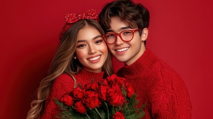 Wall Mural - A joyful couple in matching red sweaters and glasses, sharing smiles while holding a vibrant bouquet of roses, celebrating their love on Valentine's Day.