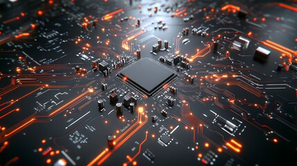 Poster - Close-up View of a Modern Circuit Board with Complex Microchips, Intricate Pathways, and Glowing Neon Accents on a Dark Background
