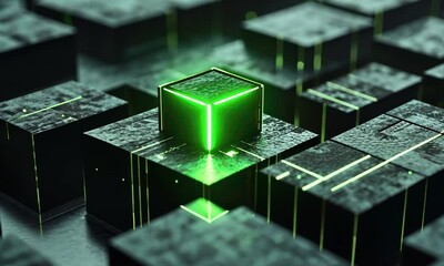 Glowing Green Cube Among Dark Cubes Abstract Digital Art  Neon Green Illumination Technology Background