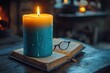 © Foxeye AI - Burning teal and amber candle rests on an antique book. Perfect for concepts of reading, relaxation, or magic.