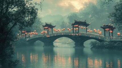 Canvas Print - Serene Asian Bridge Adorned With Glowing Lanterns