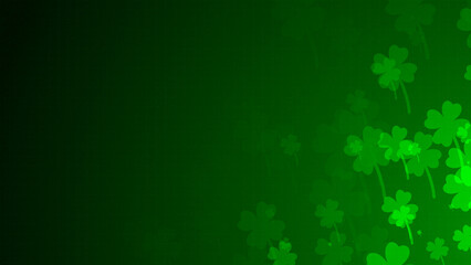 Poster - Green four-leaf clover shapes are moving from the bottom right of a gradient grid abstract background, horizontal composition. Nature background for graphic design.