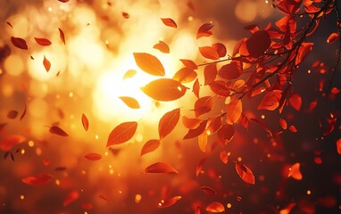 Poster - Red autumn leaves falling at sunset.