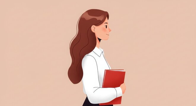Cartoon illustration, female character, long wavy auburn hair, white blouse, holding red folder