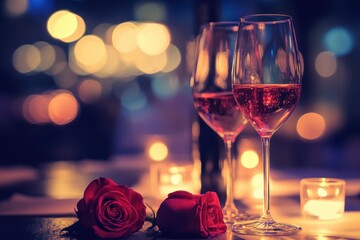 Two elegant wine glasses sit beside a single red rose, creating a romantic ambiance perfect for a special Valentine's Day celebration.