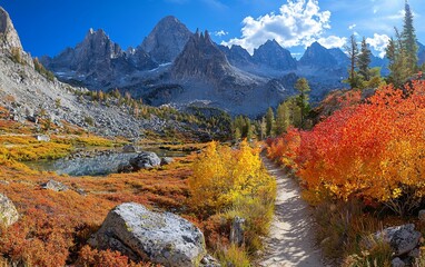 Poster - Autumnal trail with vibrant foliage and majestic mountains.