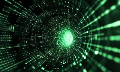 Poster - Digital Tunnel: Abstract Green Light Particles and Data Streams in Cyberspace