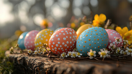 Wall Mural - Colorful dotted Easter eggs and spring flowers on a log in a sunny forest