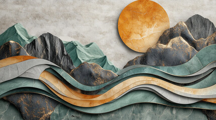 Poster - Abstract mountain sun or moon with waves, Beautiful mountain landscape mural, and minimal geometric shape.
