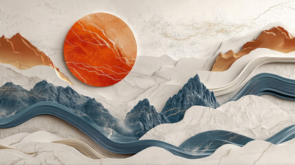 Poster - Abstract mountain sun or moon with waves, Beautiful mountain landscape mural, and minimal geometric shape.