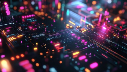 Poster - A close-up of an AI mixing board with colorful lights and data visualizations