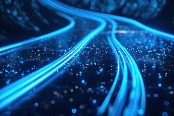 Fototapete - Abstract Road with Blue Light Trails , Data Transfer Speed and Digitization Concept