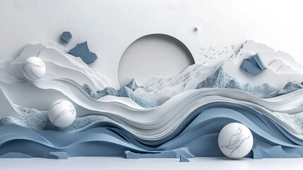 Poster - Abstract mountain sun or moon with waves, Beautiful mountain landscape mural, and minimal geometric shape.