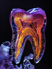 Poster - Interesting Abstract Art Piece Depicting a Translucent Tooth Model Illuminated With Colorful Light and Bubbles