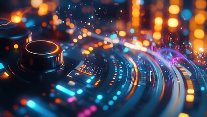 Poster - A close-up of an AI mixing board with colorful lights and data visualizations