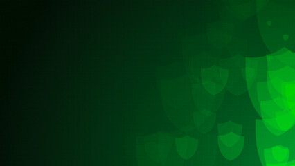 Poster - Green shield shapes are moving from the bottom right of a gradient grid abstract background, horizontal composition. Security background for graphic design.