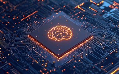 Poster - A glowing brain icon atop an AI chip with intricate circuitry, symbolizing advanced artificial intelligence technology and its transformative impact on business. Ideal for tech and innovation designs